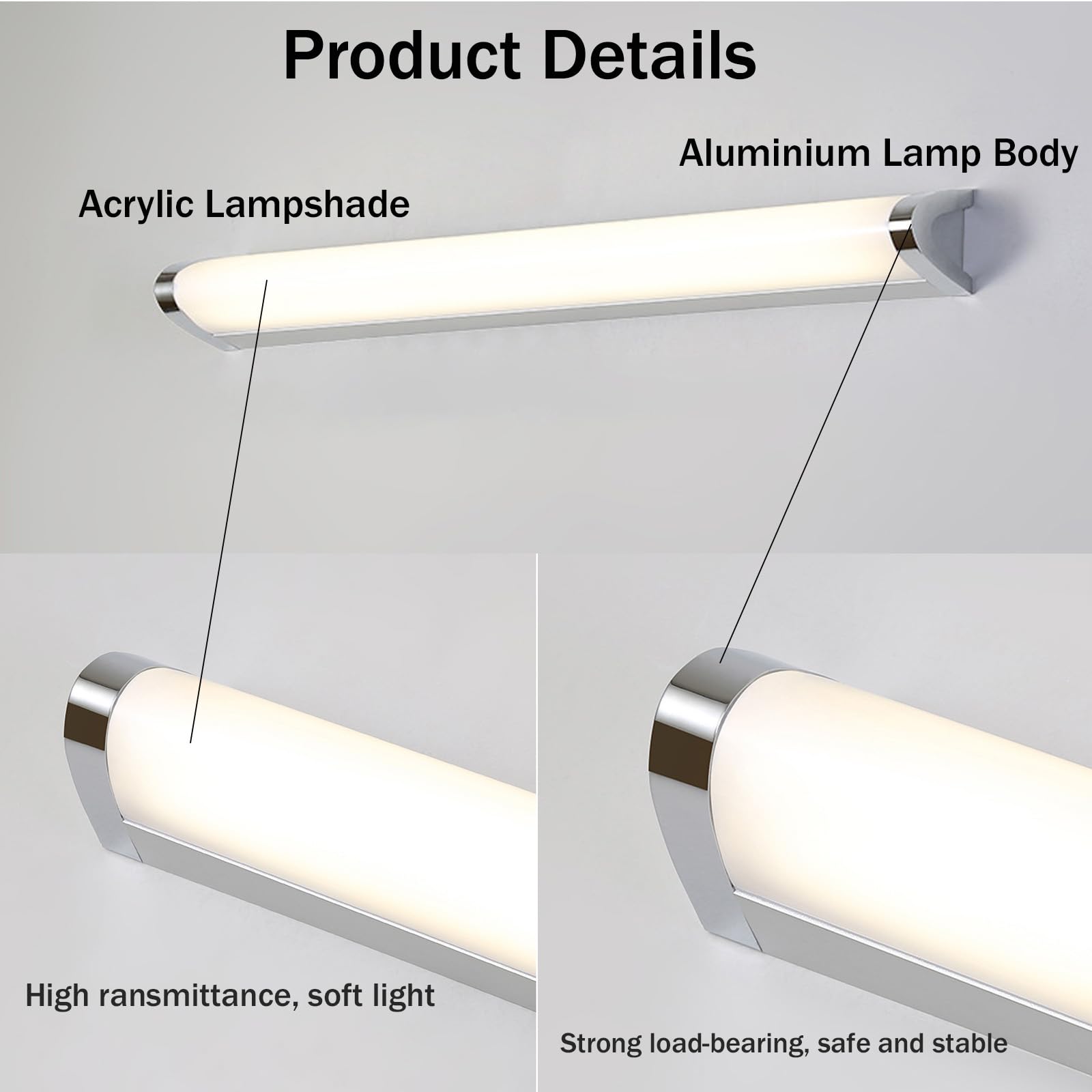 Lampada da parete a LED per bagno, applique impermeabile IP44, regolabile 3000 K/4500 K/6500 K, design moderno argento, ampia gamma di illuminazione per doccia e WC (40 cm)