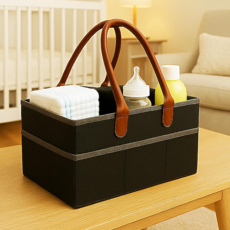 MetDeals Non Woven Felt Baby Diaper Caddy Bag with PU Leather Handle with Removable Divider | Baby Essentials Organizer for Diapers,Wipes,Toy,Clothes(Black - 18X12X9 Inch)-image-24