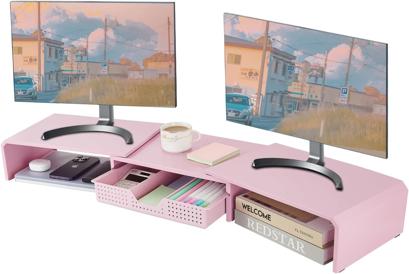 Dual Monitor Stand Riser with Drawer, Desk Organizer and Accessories, Metal Laptop Stand for Desk, Workspace Desktop Stand for Computer, Laptop, TV and More (Purple)