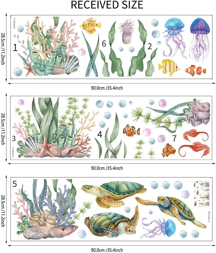 Ocean Wall Decals Turtle Jellyfish Under the Sea Wall Stickers Sea Life Animal Seaweed Grass Coral Ocean Wallpaper Peel and Sticker Wall Art Decal for Bedroom Nursery Decor