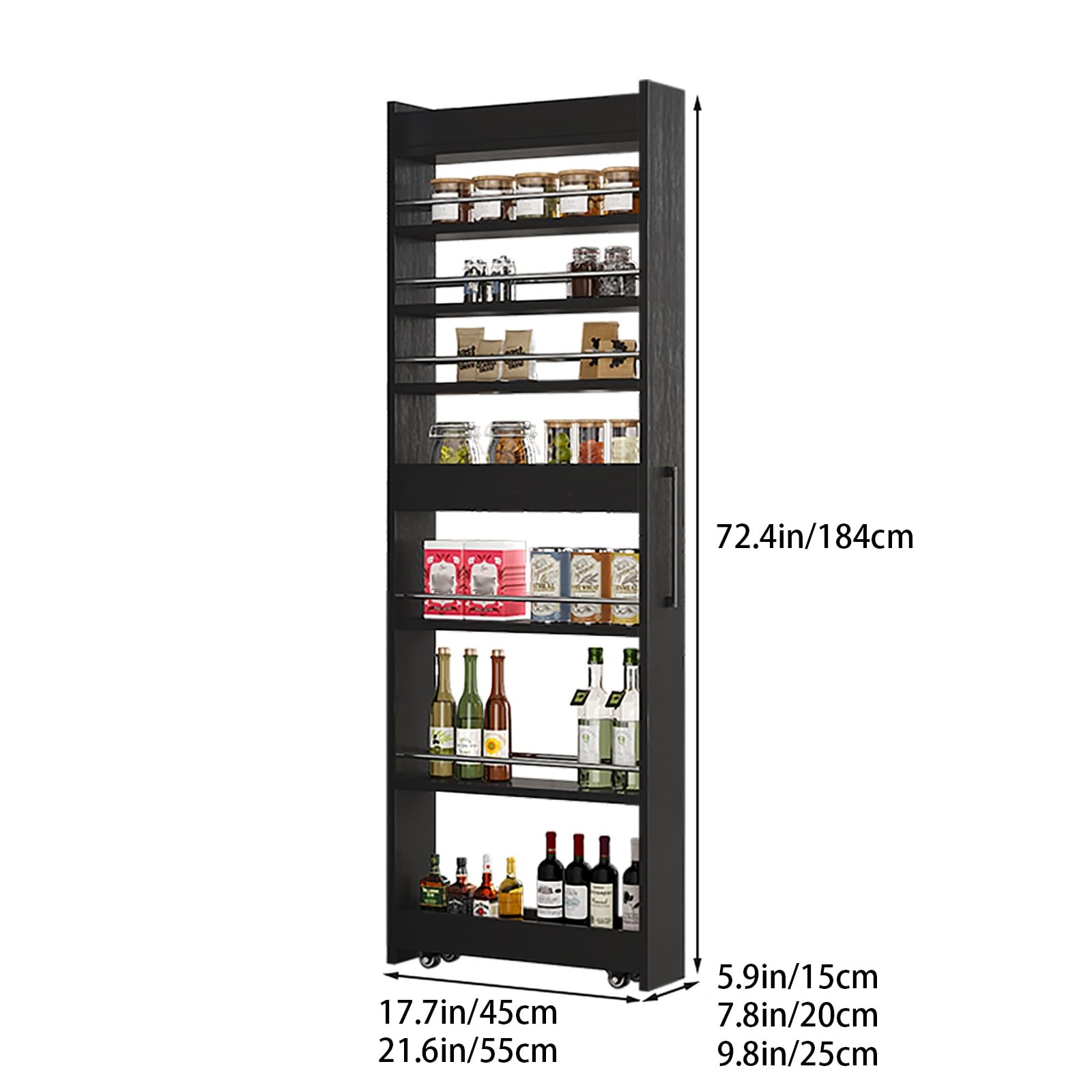 Carrito de cocina delgado con ruedas, estante extraíble para especias, organizador de almacenamiento rodante que ahorra espacio, metal y madera para espacios pequeños, perfecto para despensa o comedor