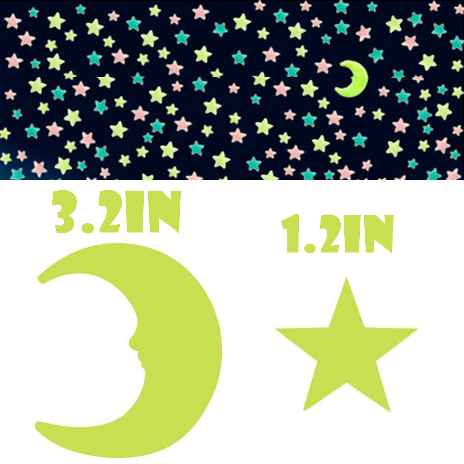 Pegatinas Brillantes Nocturnas - 206 Estrellas y Lunas 3D para Pared - Decoración Habitación Infantil - Autoadhesivas para Techo/Pared