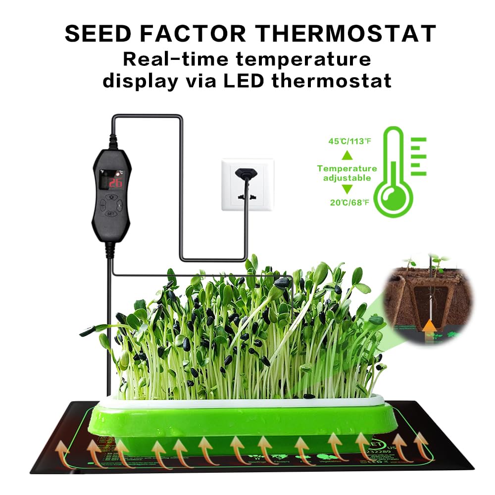 Tapis Chauffant Plante, 20 x 10 in Tapis Chauffant Semis avec Thermostat, 50W Imperméable Tapis Chauffant pour Plantes, Réglable en Temps Tapis Chauffant pour Semis, Animaux, Germination