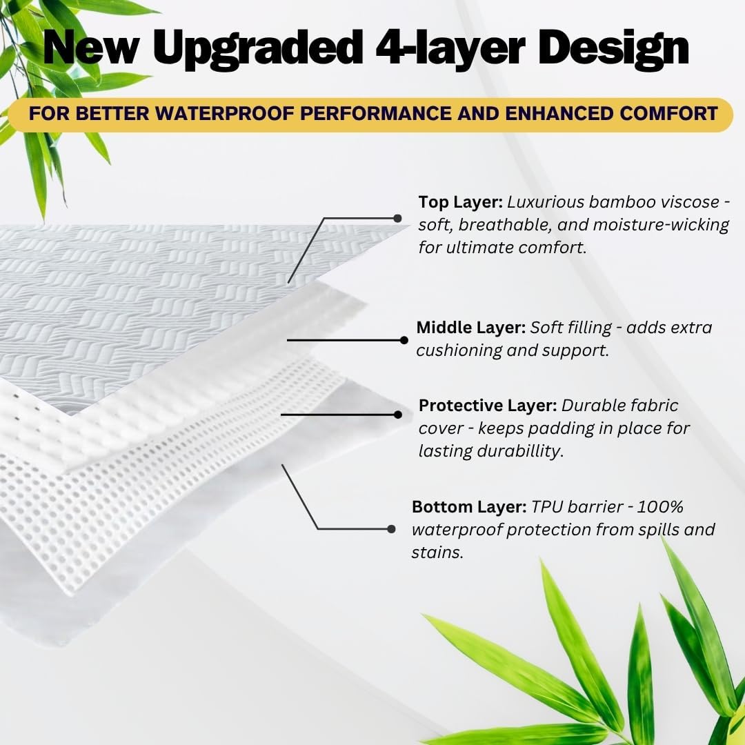 5-Sided Waterproof Mattress Protector – Soft Bamboo Viscose, Cooling & Breathable, Deep Pocket Fits 18” Bed, Hypoallergenic, Noiseless, Oeko-TEX Certified, Machine Washable (Queen)