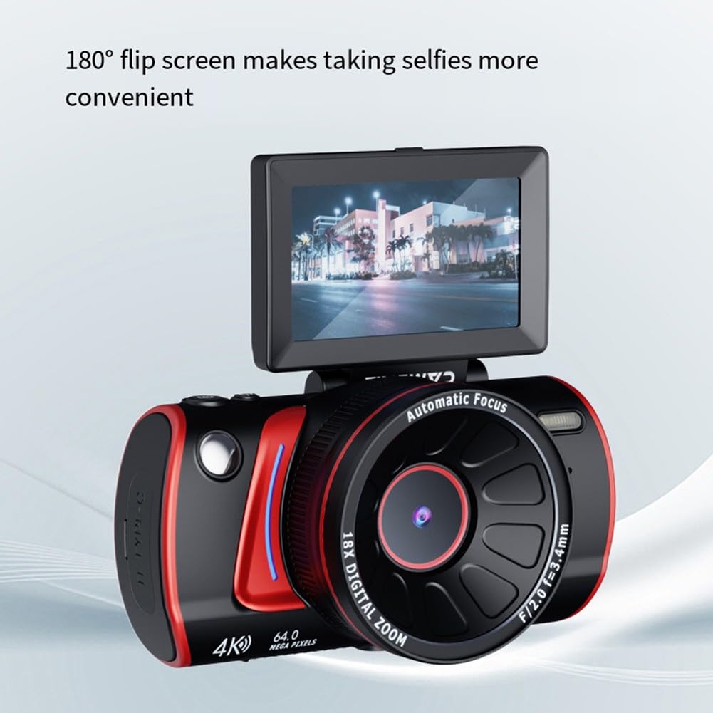 Fotocamera digitale HD 4K con schermo flip da 3 pollici e WiFi, 5 MP, zoom 18x, supporto 256 GB, per vlog all'aperto, studenti, viaggiatori, cavo auricolare