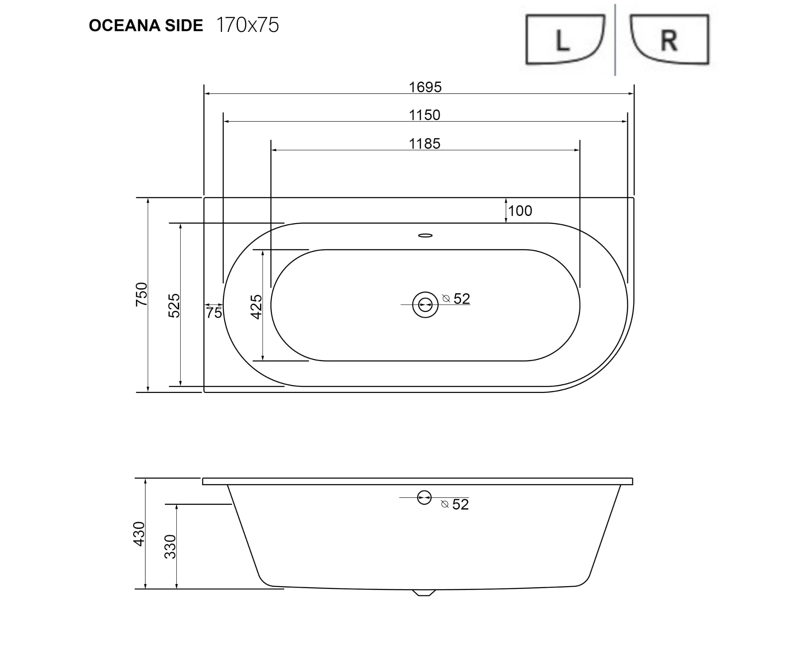ECOLAM Wanna 170 x 75 cm prawa Oceana wanna narożna wanna narożna akrylowa