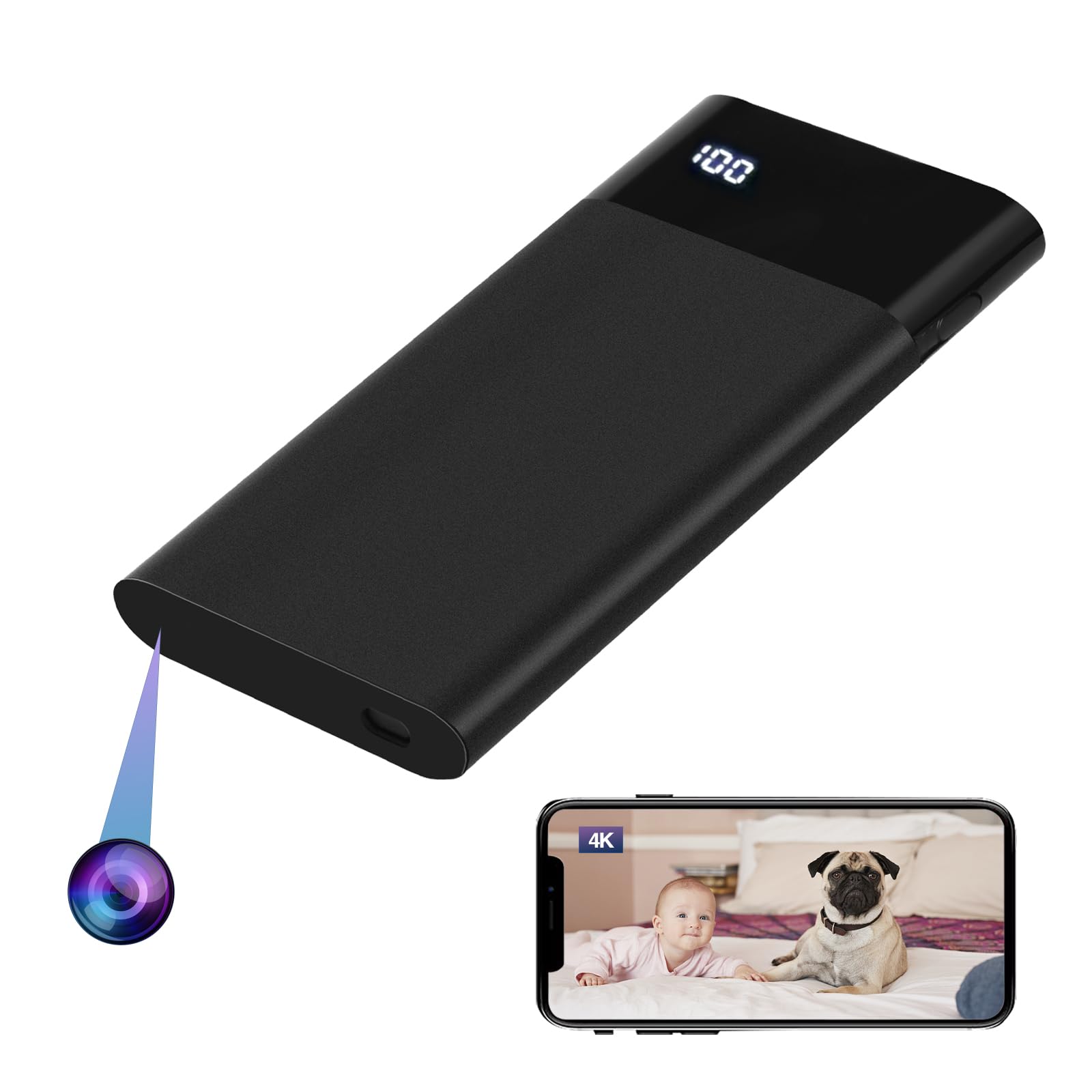 WIWACAM 4K WiFi Hidden Camera with 5000mAh Battery, Ultra HD Nanny Cam for Home Security Indoor, Wireless Small Cams, Phone App Night Vision Motio Detection Alarm, SD Card Slot, NO Audio, 8