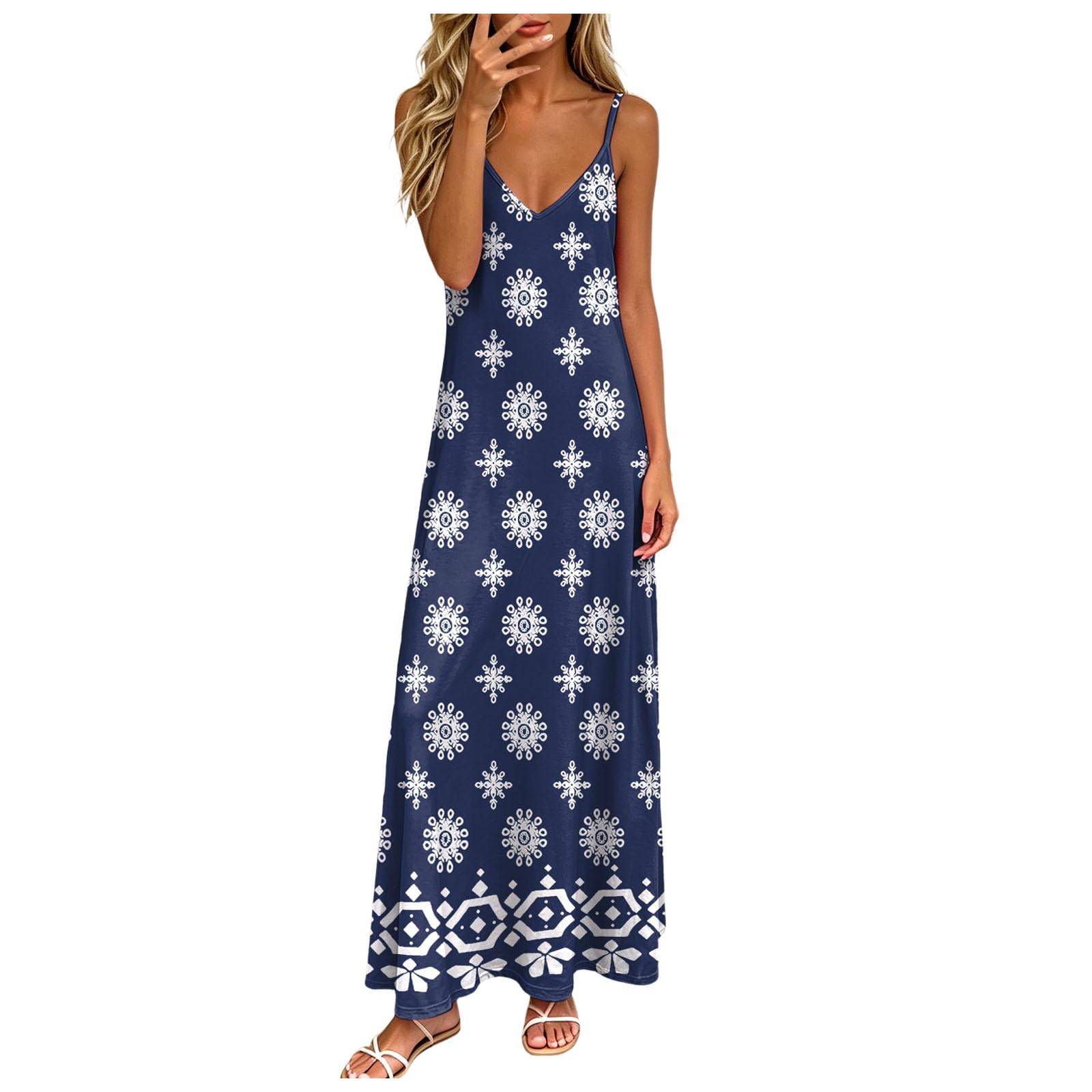 Abito Lungo Estivo Donna Cotone Abito Estivo da Donna alla Moda e Casual con Scollo a V e Maniche Lunghe, Ideale per Vacanze al Mare o in Resort. Vestito Leggero