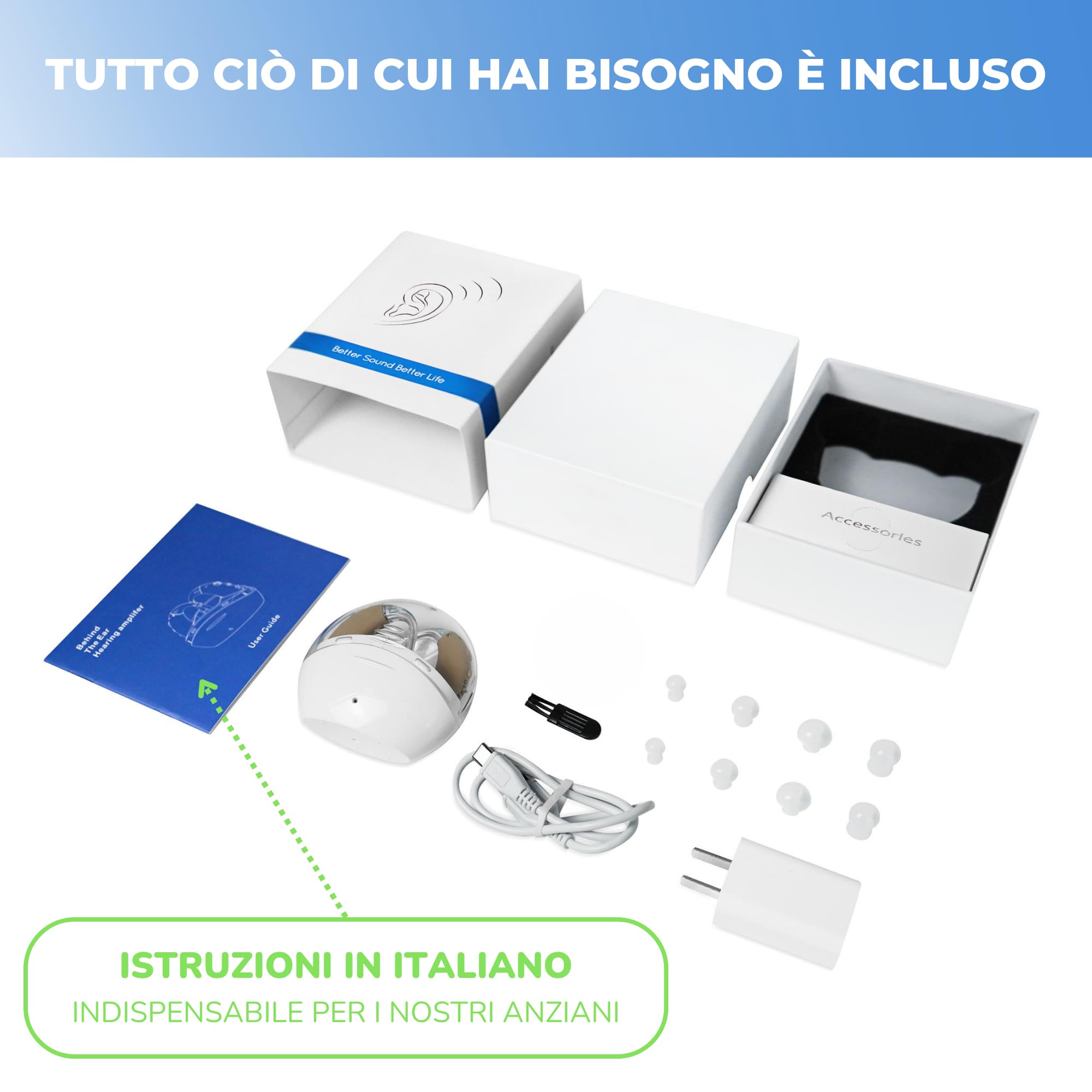 Dispositivi sonori ricaricabili, Amplificatore Suono Personale, Scatola di Ricarica Portatile, 2 Pezzi Intercambiabili Adatti a Entrambe le Orecchie, Istruzioni in Italiano, Utilizzo Prolungato 60 Ore