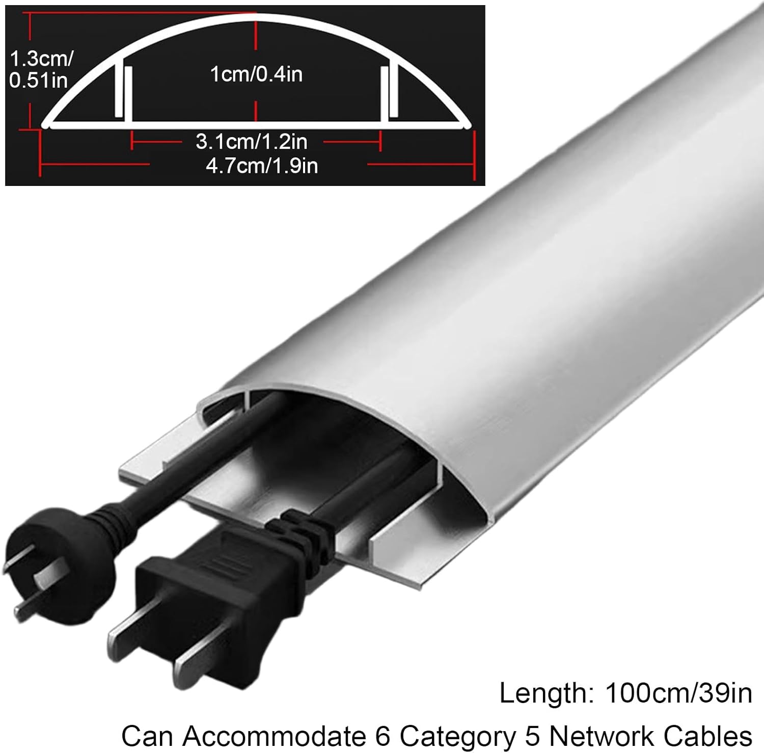 3.3ft Floor Cord Cover, Self Adhesive Cord Hider, Hide and Protect Extension Cords, Prevent Trips, Wire Management for Home/Office(Silver,4.7 * 1.3cm/1.9 * 0.51in)
