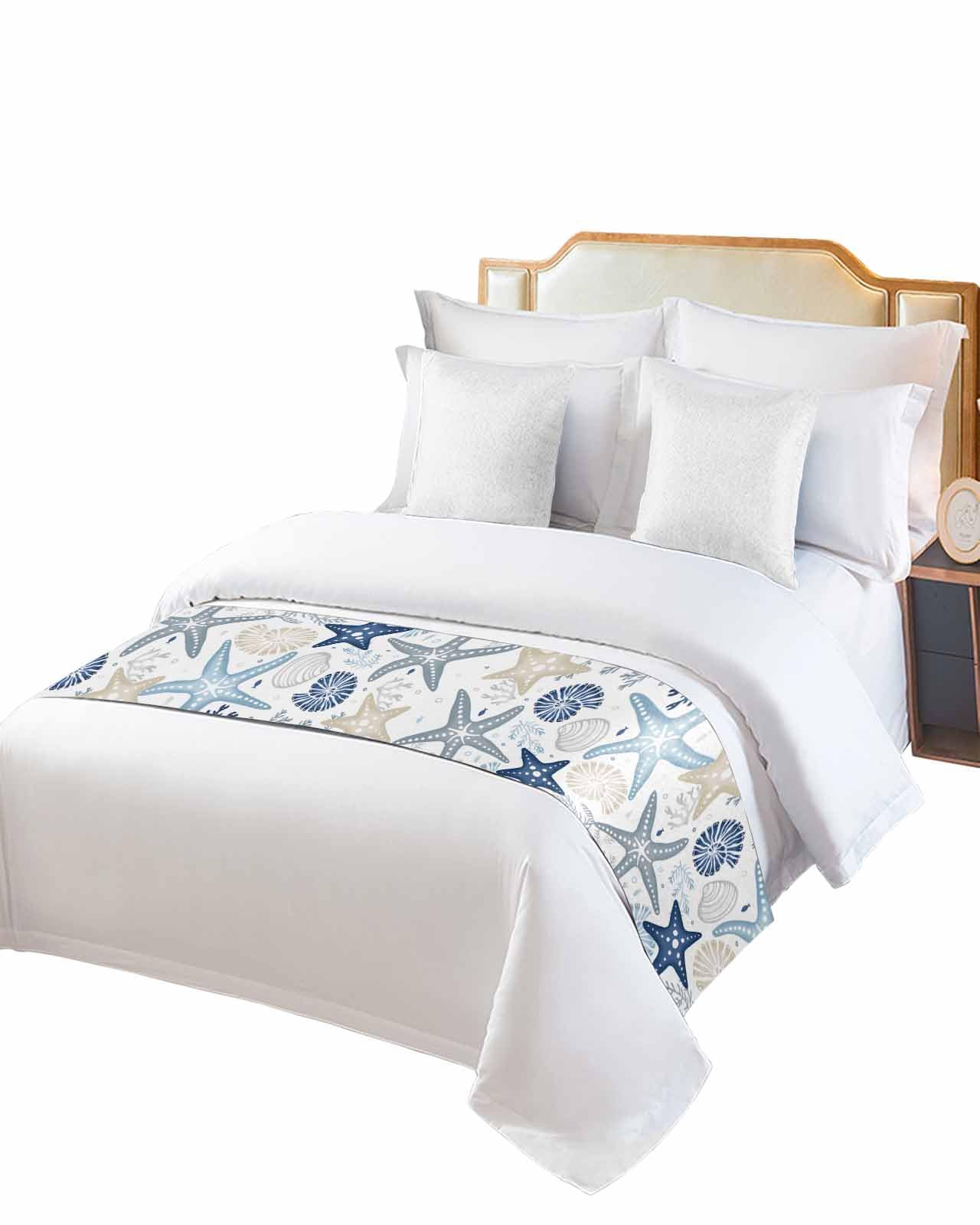 Blue Khaki Coral Bed Runner for King Size Bed, Bedspread Protector Slipcover Bed Scarf for Foot Bed Runners & Scarves for Bedroom Hotel 102x20 Spring Summer Coastal Starfish Beach Nautical Conch
