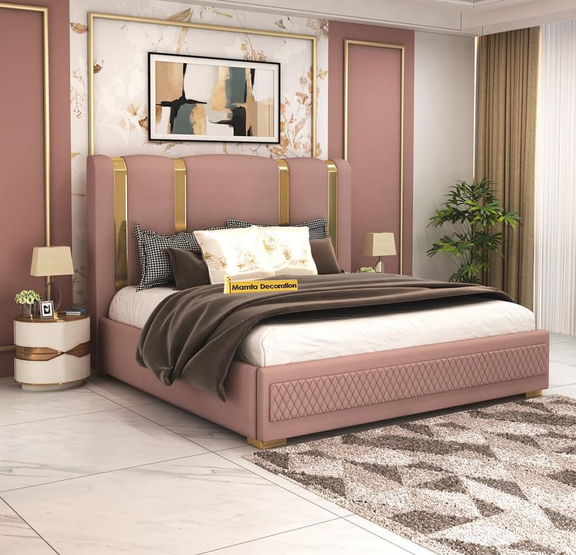 Image of MAMTA DECORATION Solid Wood King Size Bed for Bedroom with Box Storage | Premium Velvet Upholstered Tufted Headboard | Modern Double Cot Bed for Home, Hotels & Guest Room | Onion Pink Finish