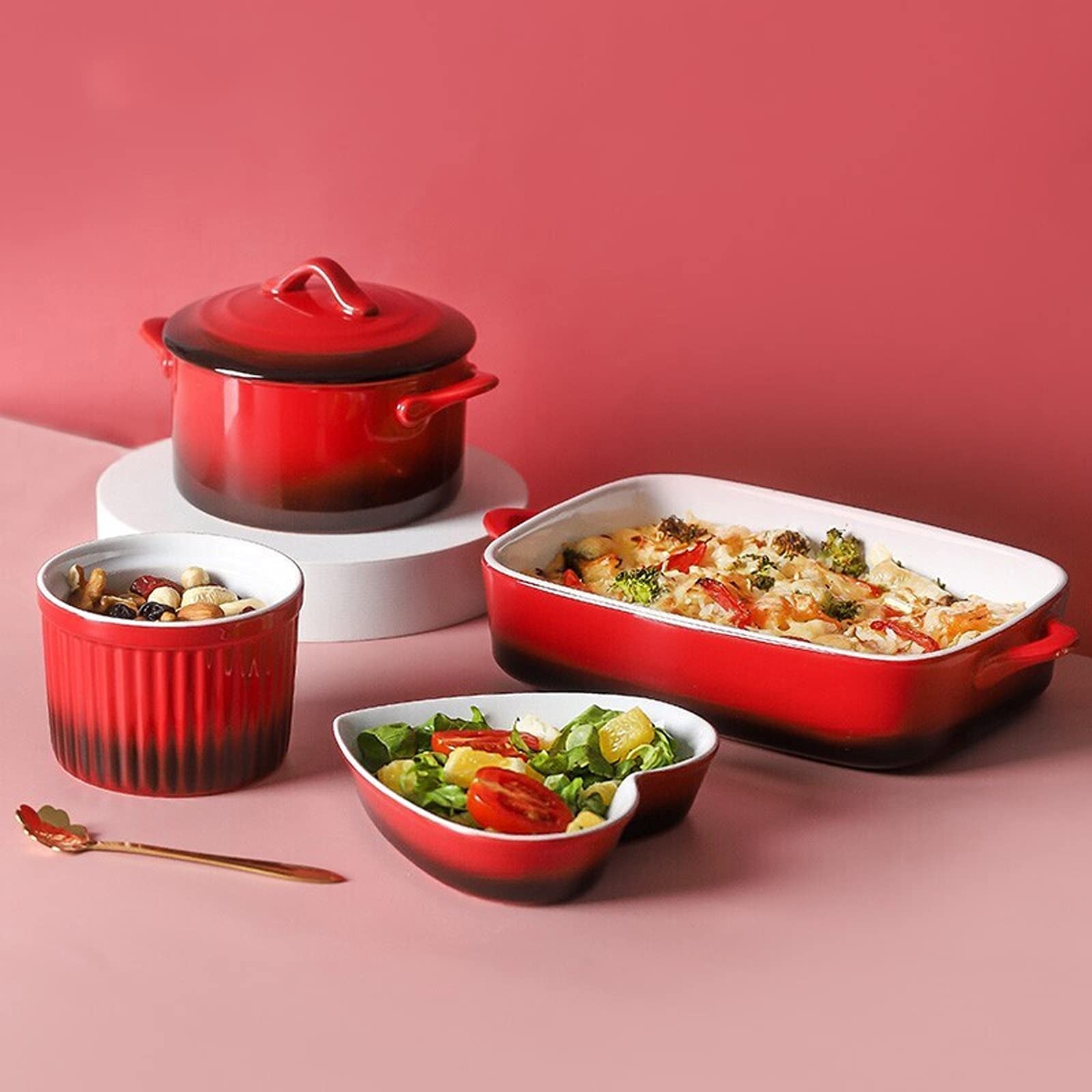 Tapete para hornear Juego de cacahuetes de cerámica roja, plato de cerámica de 4 piezas PANSERA DE PANSERA DE CASSEROLE Plato de cazuela para cocinar, Cena de pastel, Cocina Bandeja para hornear recta