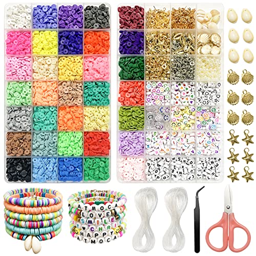 9107Pcs Clay Beads, ATMOCA Polymer Clay Beads, 35 Colors 6mm Flat Beads and Round Spacer Heishi Beads, Preppy Beads with Smiley Letter Beads for Necklace Bracelet Jewelry Making Kit