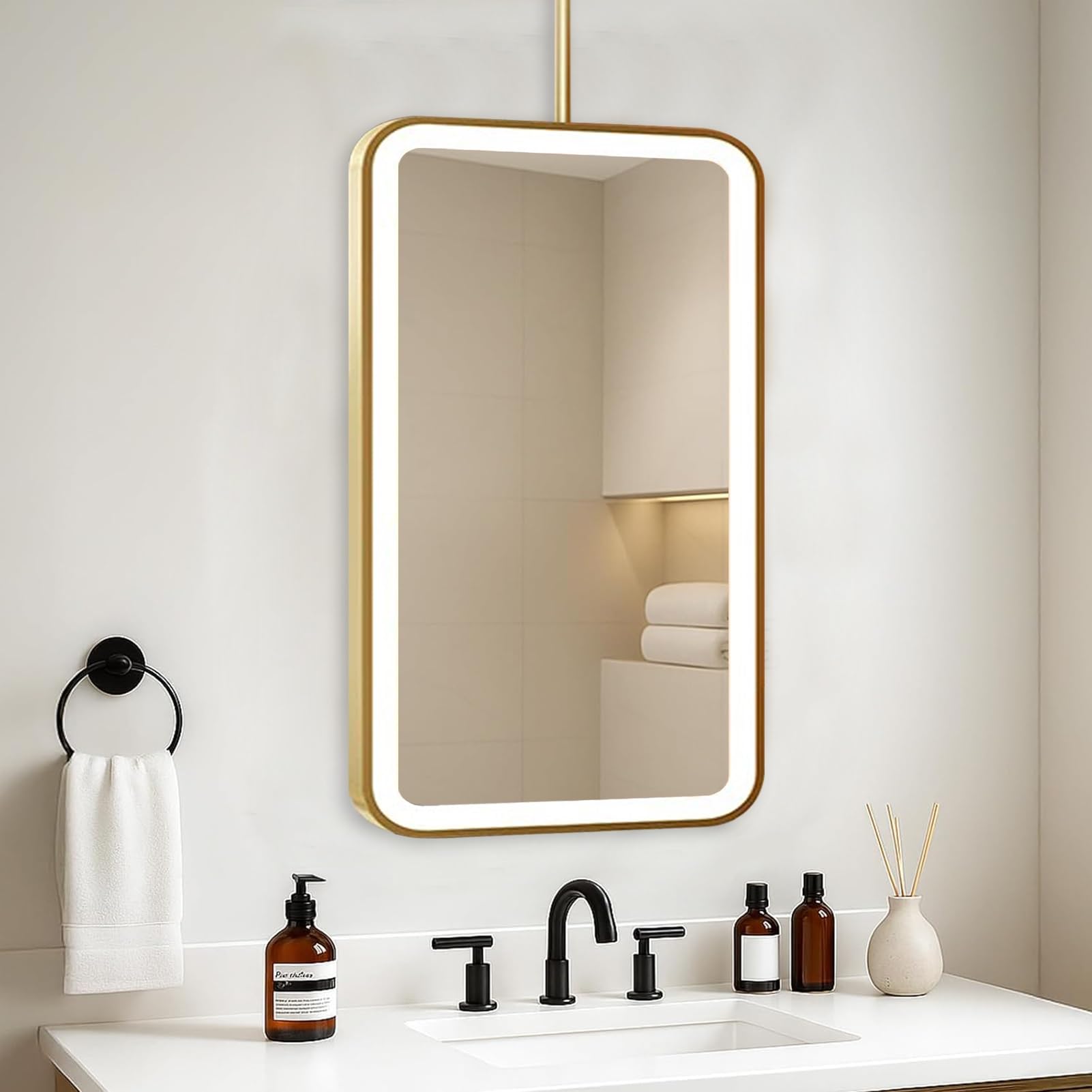 FGXHHS Rectangle with LED Lights，Hanging Vanity Large Wall Mirrors Ceiling-Mounted Boom，Gold Metal Frame Decorative Mirrors，Customizable(50cmx60cm)