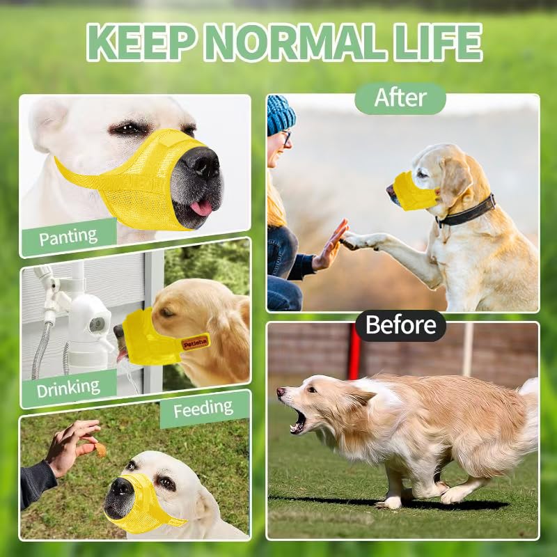 Museruola per Cani,Museruola a Rete Morbida Anti-Morso, Museruola per Animali Domestici con anello regolabile bevibile, per cani di taglia piccola, media e grande (YELLOW, L)