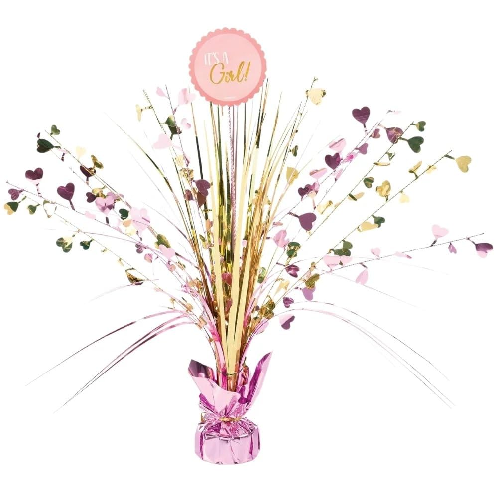 Dazzling Foil Spray Centerpiece, 18" (1 Count) - Elegant Table Decor, Perfect for Baby Shower Celebrations, "It's a Girl", Gold & Pink