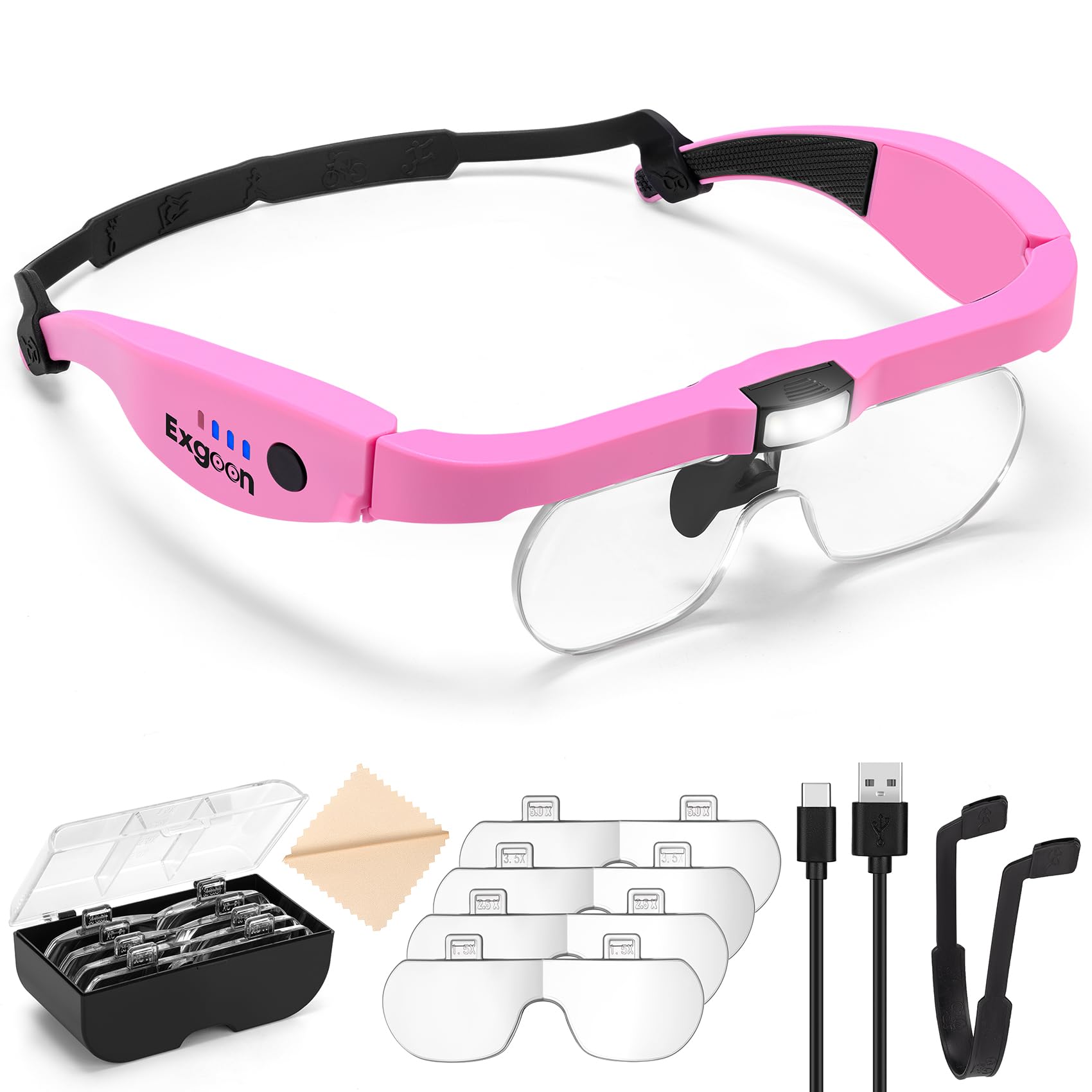 Exgoon Lupe mit Licht, 1.5X-5X Lupenbrille mit 3 LEDs & 4 abnehmbaren Gläsern, freihändige, wiederaufladbare Kopfbandlupe für Enge Arbeit, Hobbys, Basteln, Schmuck (Rosa)