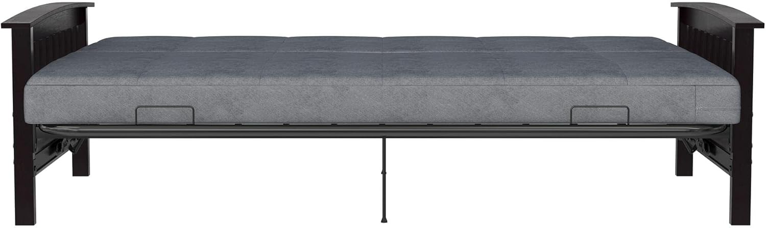 Gray Linen Reclining Futon with Dark Wood Arms and Metal Frame