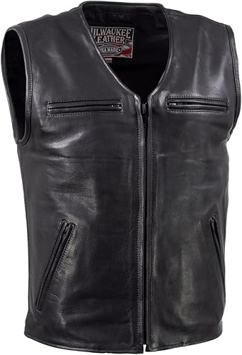 Milwaukee Leather USA MADE MLVSM5009 - Chaleco de cuero con cremallera para hombre, con cuello en V, color negro