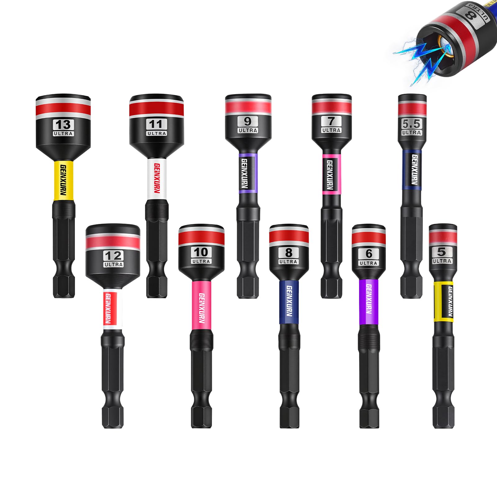 Geinxurn Impact Nut Driver Set, 10 Pieces 65mm Long Metric 5mm, 5.5mm, 6mm, 7mm, 8mm, 9mm, 10mm, 11mm, 12mm, 13mm Magnetic 1/4 Hex Shank Nut Setter Drill Driver Bits Cr-v Quick Change Socket