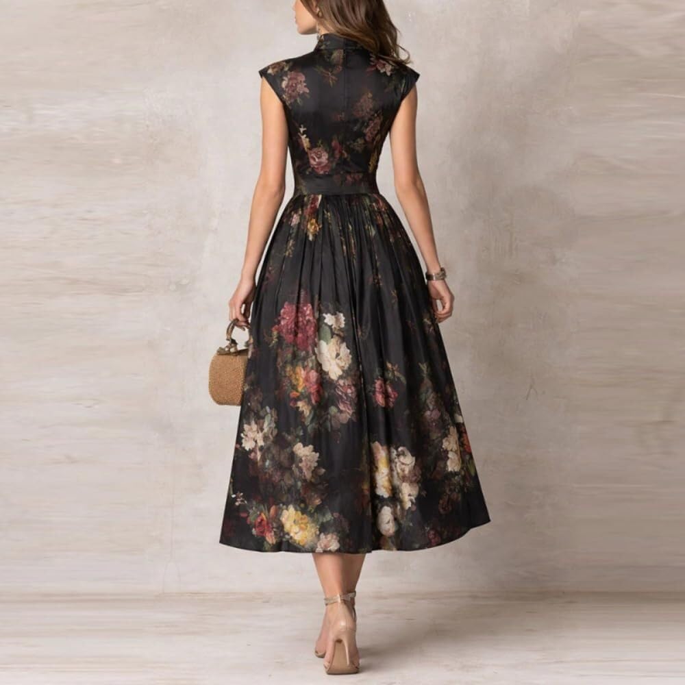 Abito midi satin floreale senza maniche fruncito invitata matrimonio