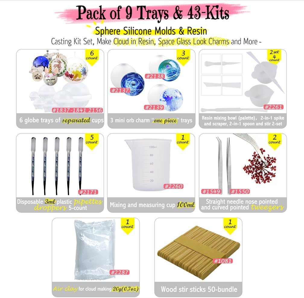 Funshowcase Sphere Epoxy Silicone Molds Jewelry Casting Supplies Pack of 9 Trays with 55-Kits Air Clay, Beads, Caps, Chain and Cord
