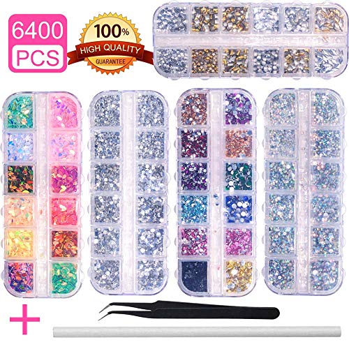 6400pcs Nail Art Rhinestones Nail Crystal Gems Nail Diamonds, Gold Silver Nail Art