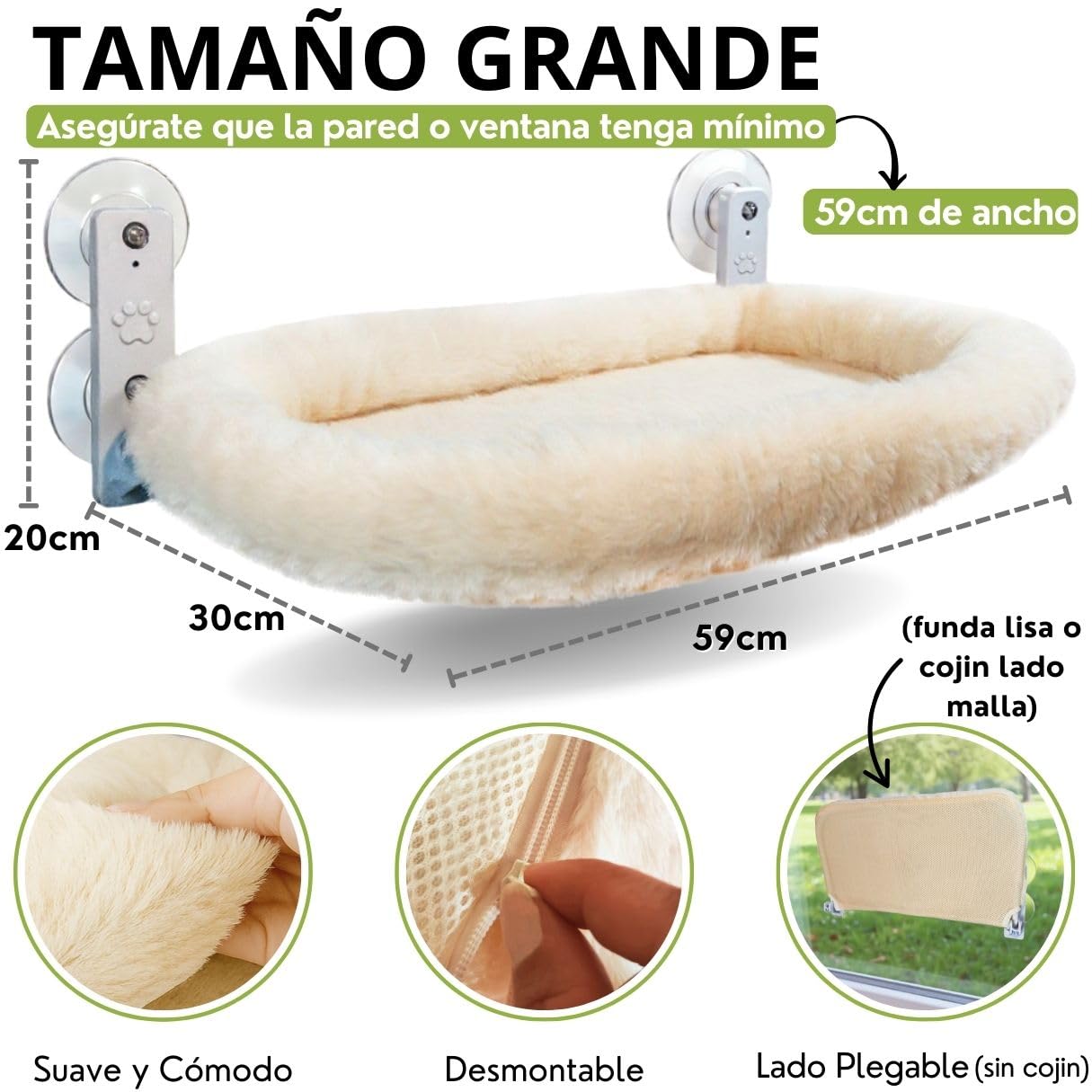 Hamaca Gato Ventana con Cojín + Funda Manta para Gatos + Montaje Pared | Cama Ventana para Gatos pequeños y Grandes. Reversible Verano Invierno | Cama Gato Beige