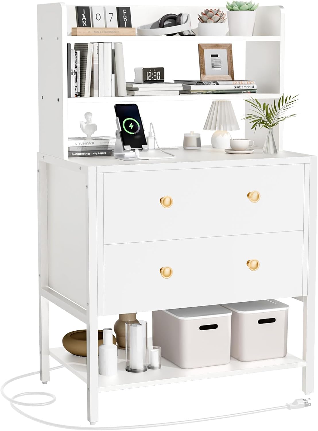 24 Inch Wide Night Stand, Large Wooden Night Stand with 2 Adjustable Drawes, Tall Nightstand with 4-Tier Shelves and Charging Station, Bedside Table for Living Room/Bedroom/Office, White.