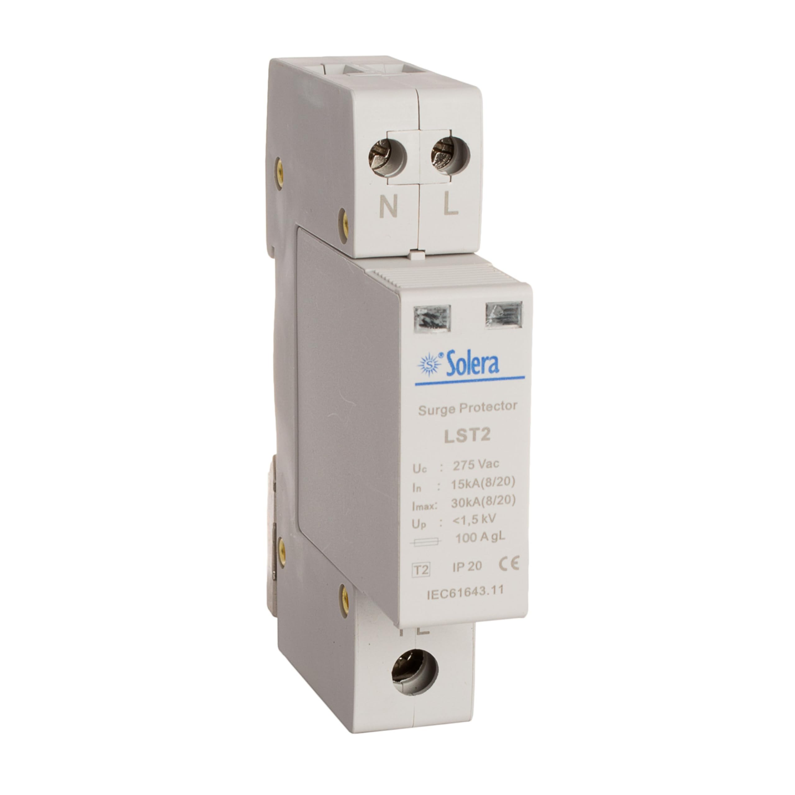 Solera ładowarka przeciwprzepięciowa 1P + N 30 kA, 1 x moduł (18 mm) 275 V, 230/400 V, 50/60 Hz, montaż DIN 35 mm, rezystancja 960°C, certyfikowana CE UK CMim LST2 (1 szt.)