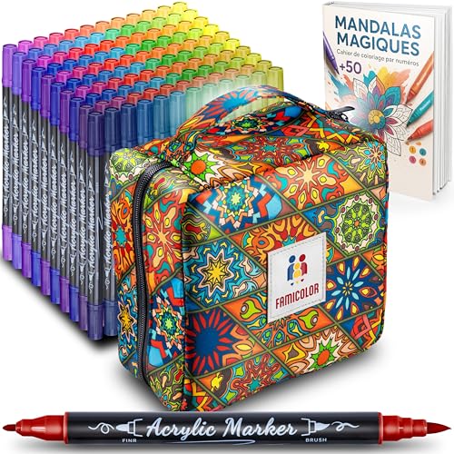 Famicolor 120 Feutres Acryliques | E-Book Offert | Double mine - Nuancier Inclus - Multi-surface, Séchage Rapide - Coloriage, Mandala anti stress​, Facile à Transporter, Acrylic Paint Marker
