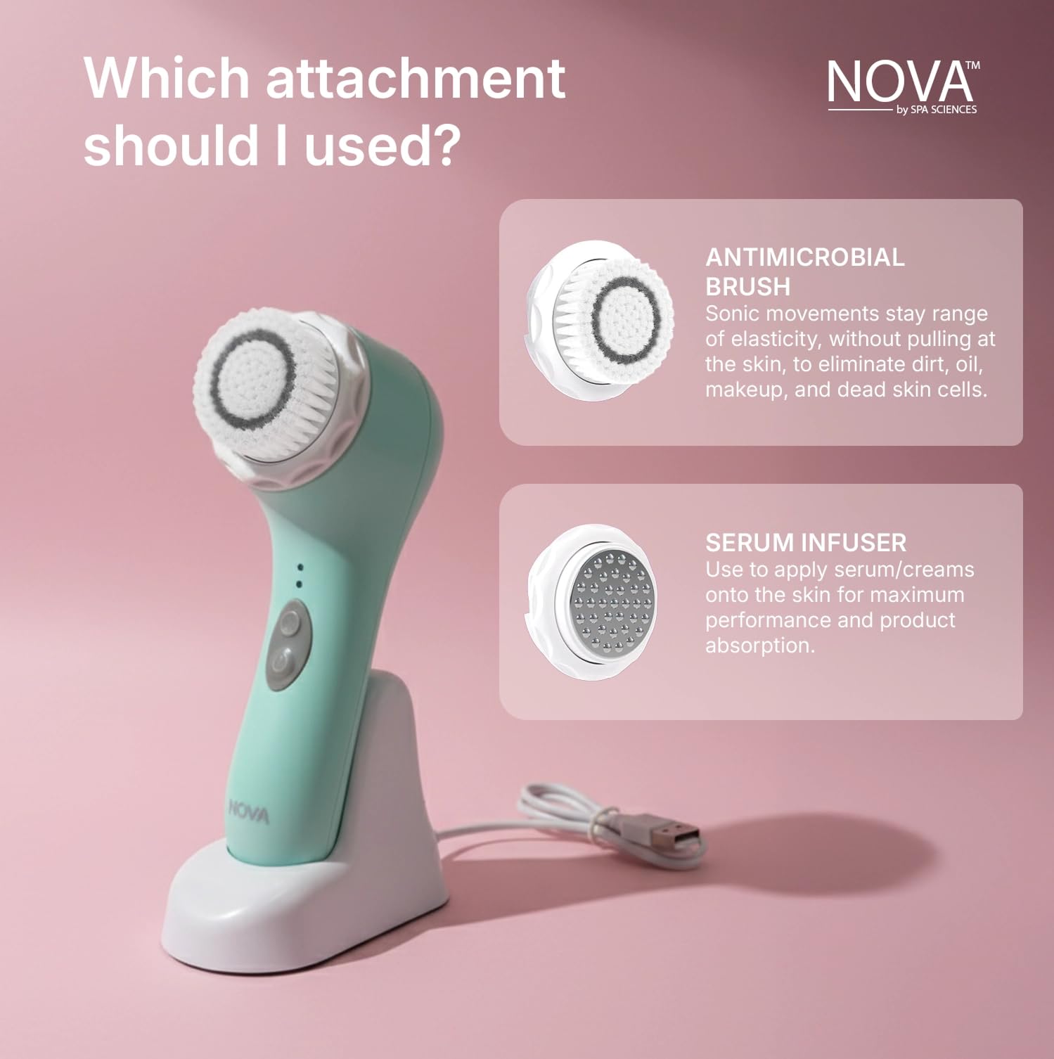 Spa Sciences - NOVA - Sonic Cleansing Brush with Bristles & Infusion System – Anti-Aging Facial Exfoliating, Waterproof, and USB Rechargeable