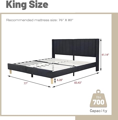 Miniatura 2 de AGARTT Base de cama tapizada tamaño King con cabecero y estribo, soporte de listones de madera, no necesita somier, fácil montaje, lino negro