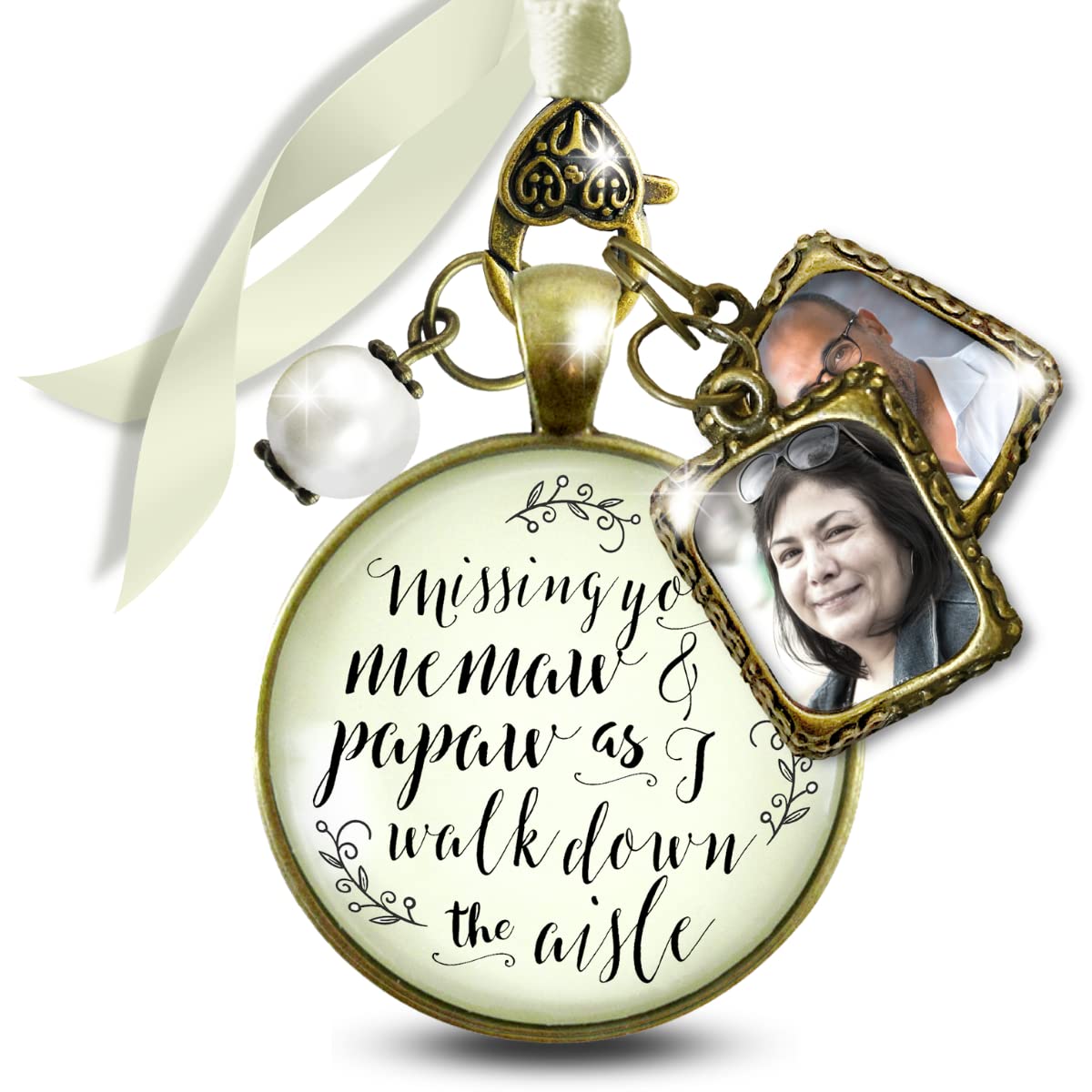Memorial Wedding Bouquet Charm Missing You Memaw and Papaw 2 Picture Frames Vintage Bronze Cream Glass Pendant Jewelry White Bead Grandparents Loving Keepsake for Bride DIY Photo Template