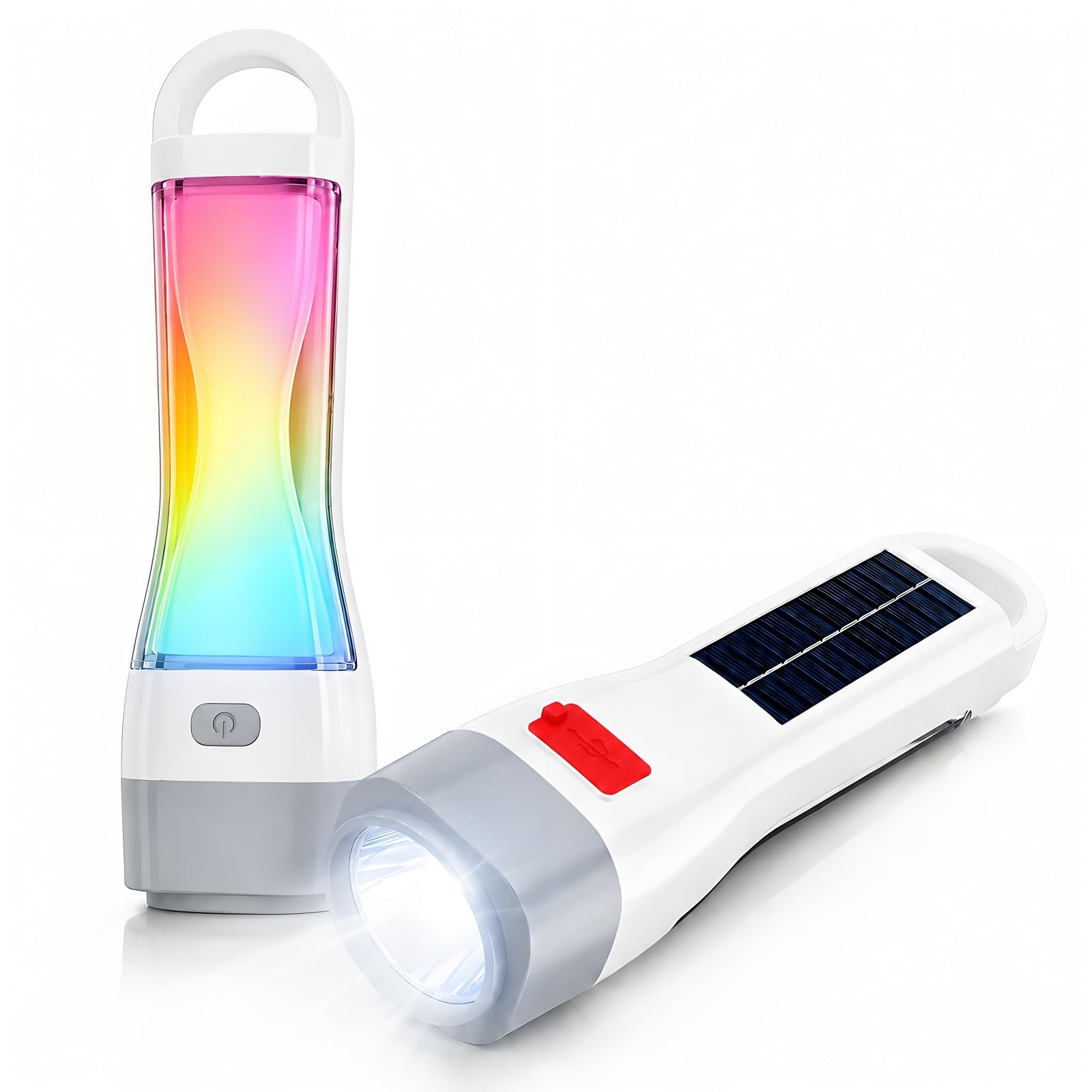 Confezione da 2 torce solari ricaricabili che cambiano colore, 6 modalità, ad alta luminosità, portatile, impermeabile, con gancio, per casa, all'aperto, emergenza, campeggio, escursionismo