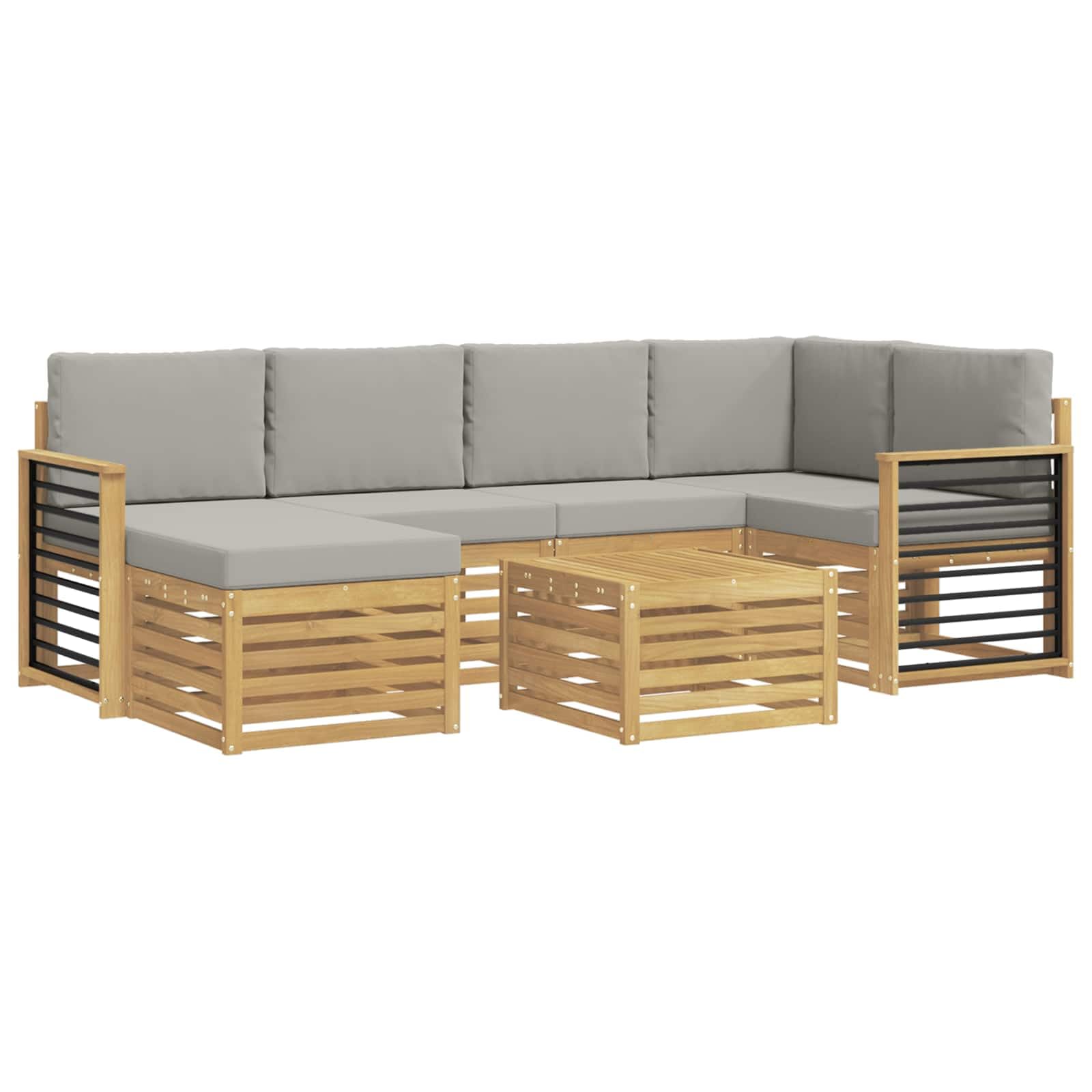 Ensemble de Canapés d'Extérieur 7 Pièces en Bois d'Acacia Massif, Salon de Jardin Modulaire avec Table et Coussins Blanc et Gris Clair, Mobilier de Terrasse Design pour 5 Personnes
