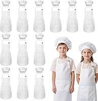 Vista 10 de Juego de delantal y gorro de chef para niños, 30 piezas, delantal para niños y niñas, con 2 bolsillos ajustables para cocinar, aula, hornear