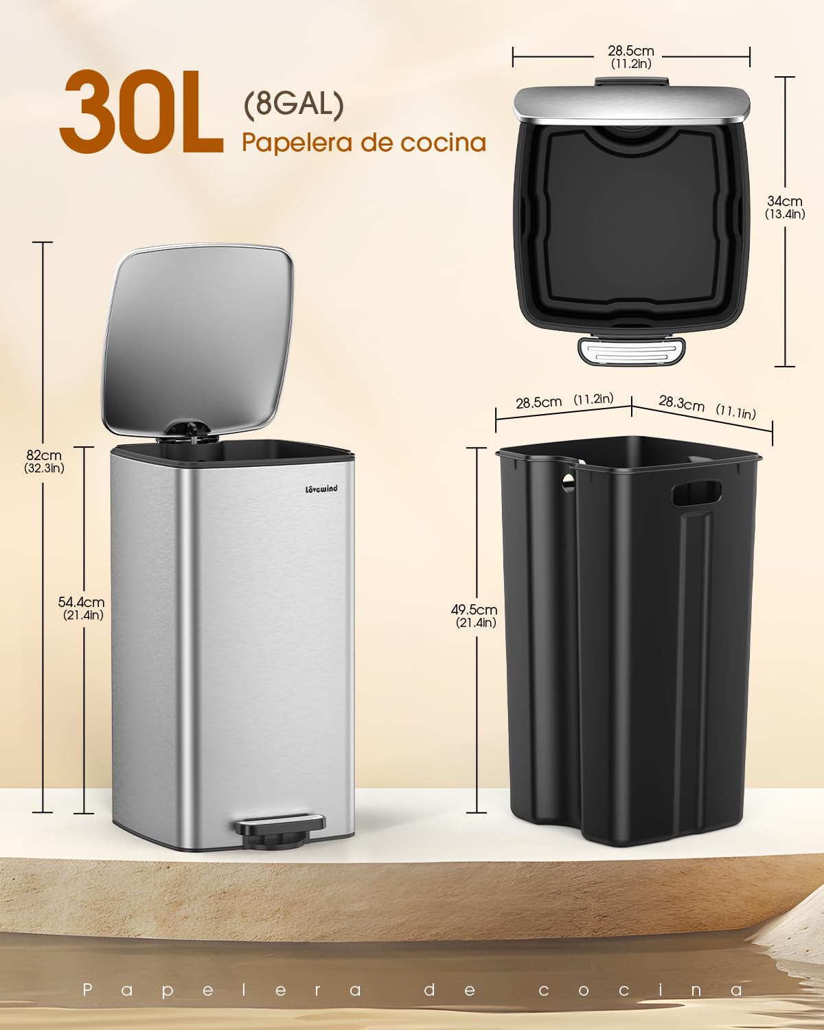 lovewind Küchenabfalleimer, 30L Silber Mülleimer Küche aus Edelstahl mit Pedal, mit Deckel und Inneneimer, Sanft Schließend und Offen Bleibend, Geeignet für Küche, Bad und Wohnzimmer