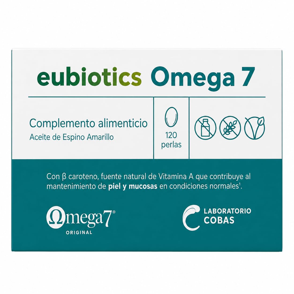 Eubiotics Omega 7 – 120 Perlas – Aceite de Espino Amarillo SBA24 con Omega 7, 3, 6 y 9 – Vitaminas A y E – Apto para Veganos – Sin Gluten, Lactosa ni Azúcar