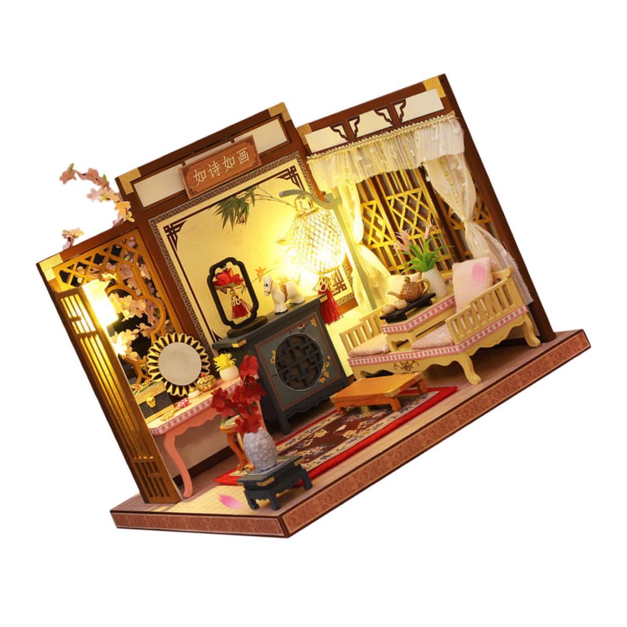 Gatuida Kit Casa delle Bambole Fai da Te in Legno e Tessuto Luci Led, Struttura Statica Decorativa per Decorazioni Casa e Miniature da Tavolo, Regalo Creativo per Compleanni