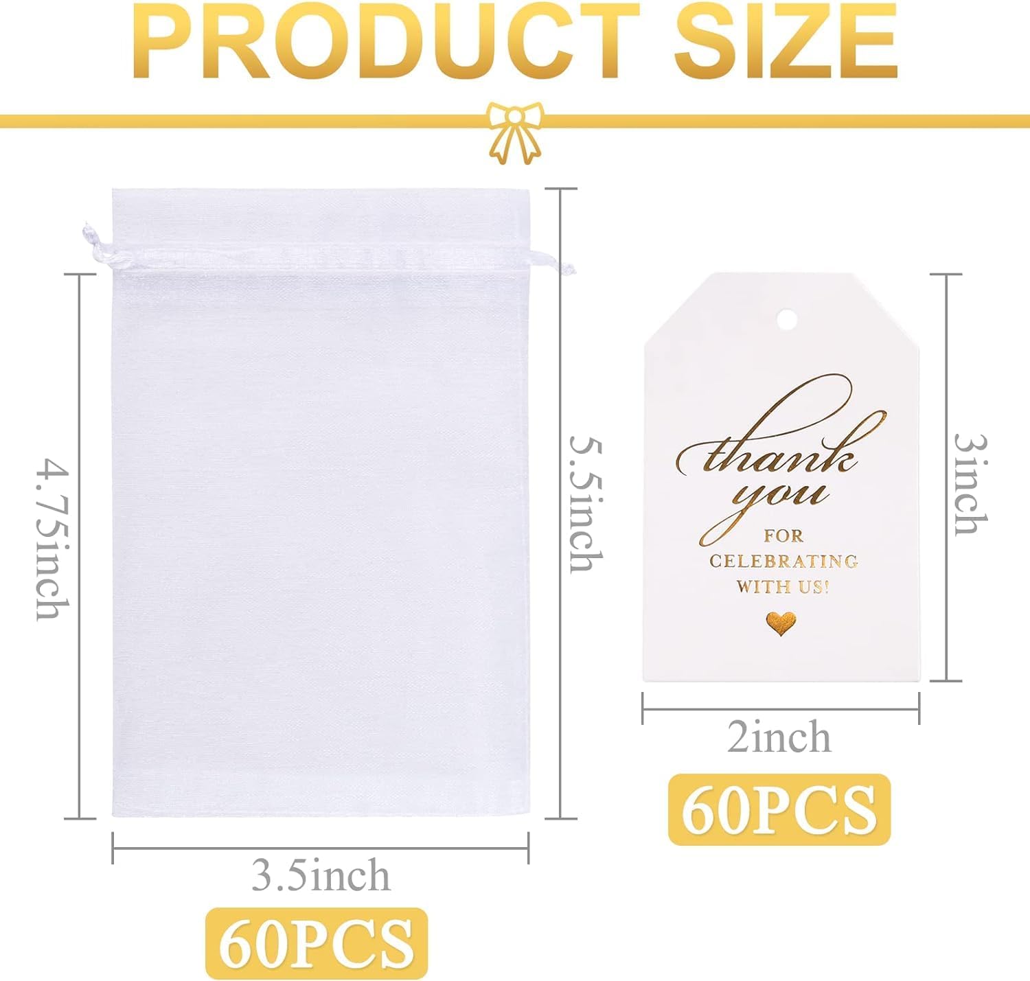White Organza Bags Set, 60PCS Drawstring Gift Bags with 60PCS Thank You Tags Candy Mesh Pouches for Christmas Wedding Party - Image 3