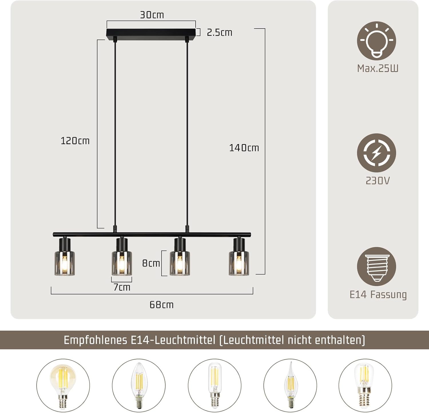 Hängelampe 4 flammig Pendelleuchte esstisch - Vintage Esstischlampe hängend Schwarz industrial Hängeleuchte Glas E14 retro Esszimmerlampe Pendellampe für Esszimmer Küche (Ohne Leuchtmittel)