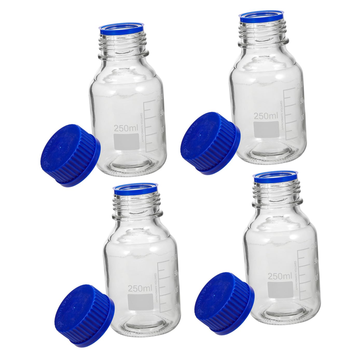 Bottiglie di Reagente in Vetro da 250ml Set da 4 Resistenti a Rotture con Tappo a Vite Blu e Multiuso per Laboratorio Chimico o Fabbrica