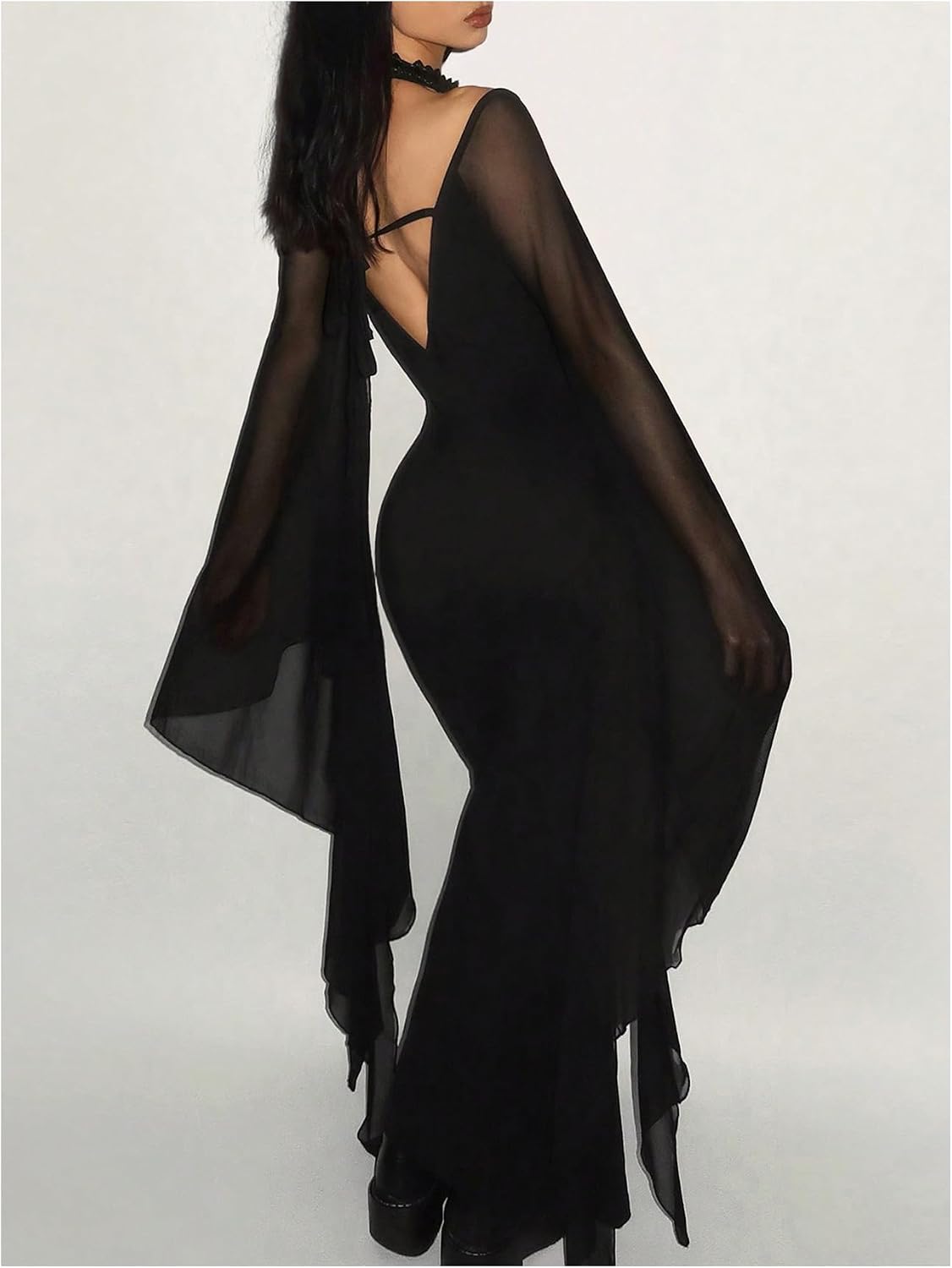 GORGLITTER Women's Goth Bell Long Sleeve Bodycon Maxi Dress Mesh Sheer V Neck Long Dresses Rave Outfits Grunge Clothes