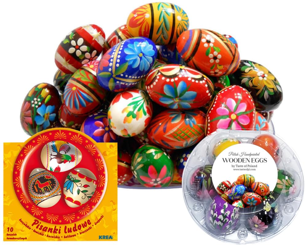 Taste of PolandPolish Easter Handpainted Wooden Eggs (Pisanki) in Protective Box (6 Wooden Eggs)+10 Egg Sleeves