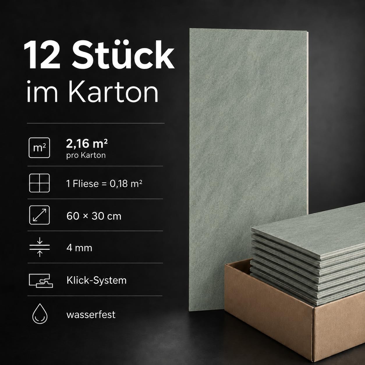 SPC - Pavimento in vinile da 4 mm, impermeabile, 60 x 30 cm, 12 piastrelle da 2,16 m², per interni (mosaico, 1 m²)