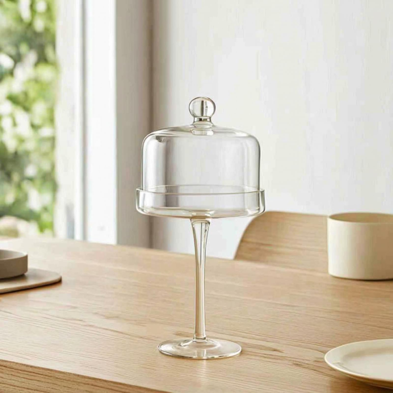 Plat à Gâteau avec Cloche en Verre Présentoir à Gâteaux avec Couvercle Anti-Poussière Cloche à ssert sur Pied pour Mariage, Transparent, Moyen