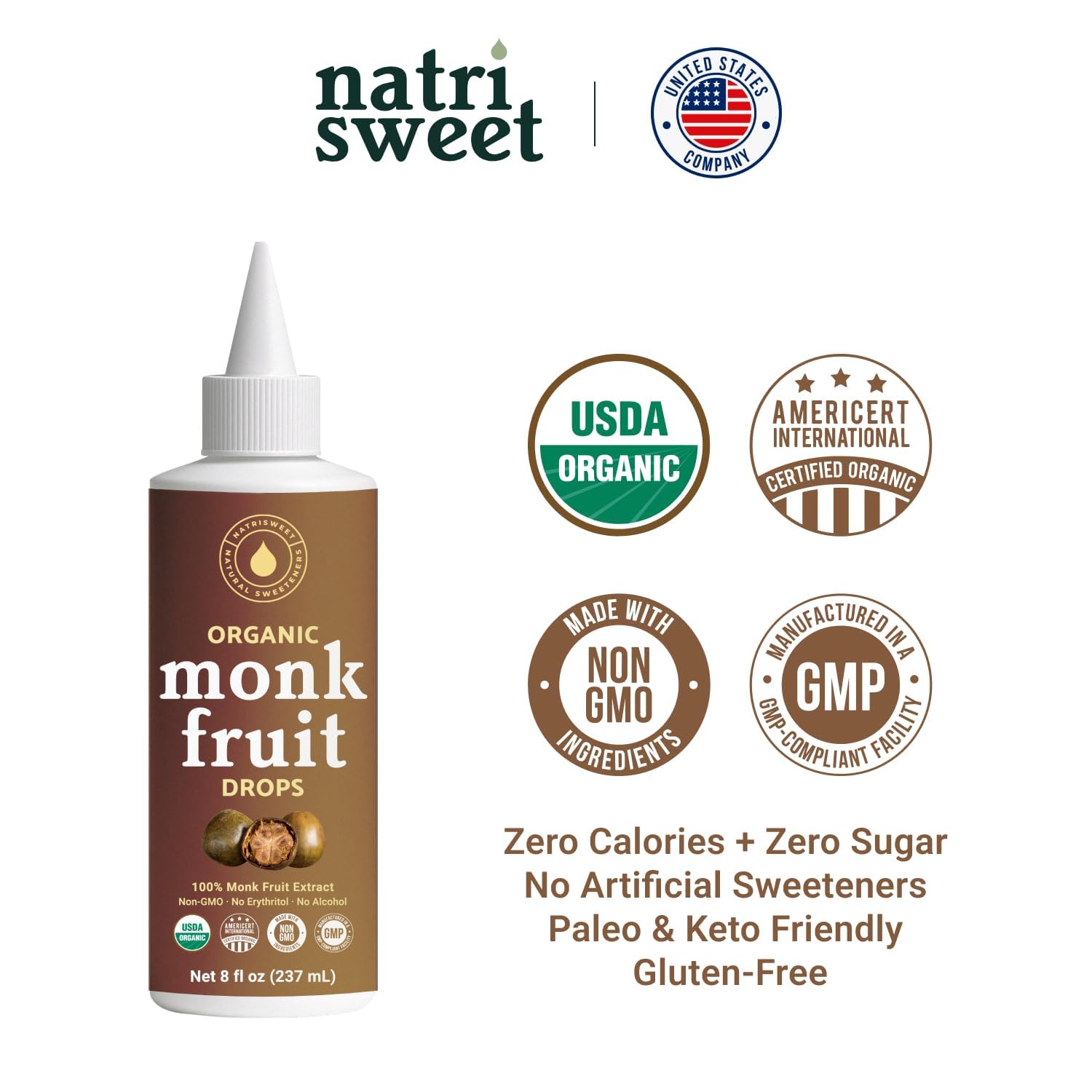 Organic Monk Fruit Liquid Sweetener Drops, 100% Pure Extract, Zero Sugar & No Erythritol, Original Flavor Liquid Monk Fruit for Coffee, Tea, Drinks & Baking, 8 fl oz