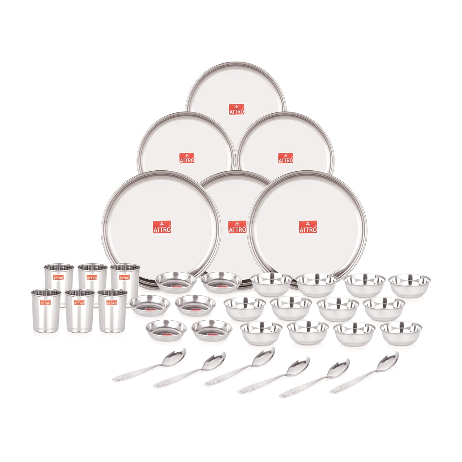 Attro 36 Pieces Smart Stainless Steel Dinnerware/Dinner Set 6 Thali